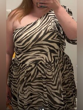 Express one shoulder zebra print mini skater dress
